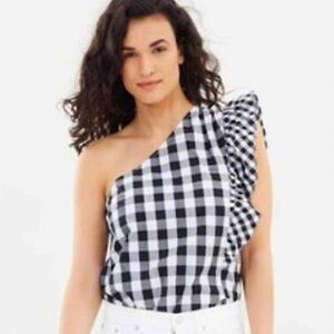 J. CREW Maybe One-shoulder Mix Gingham Top Black White 100% Cotton Sz 8
